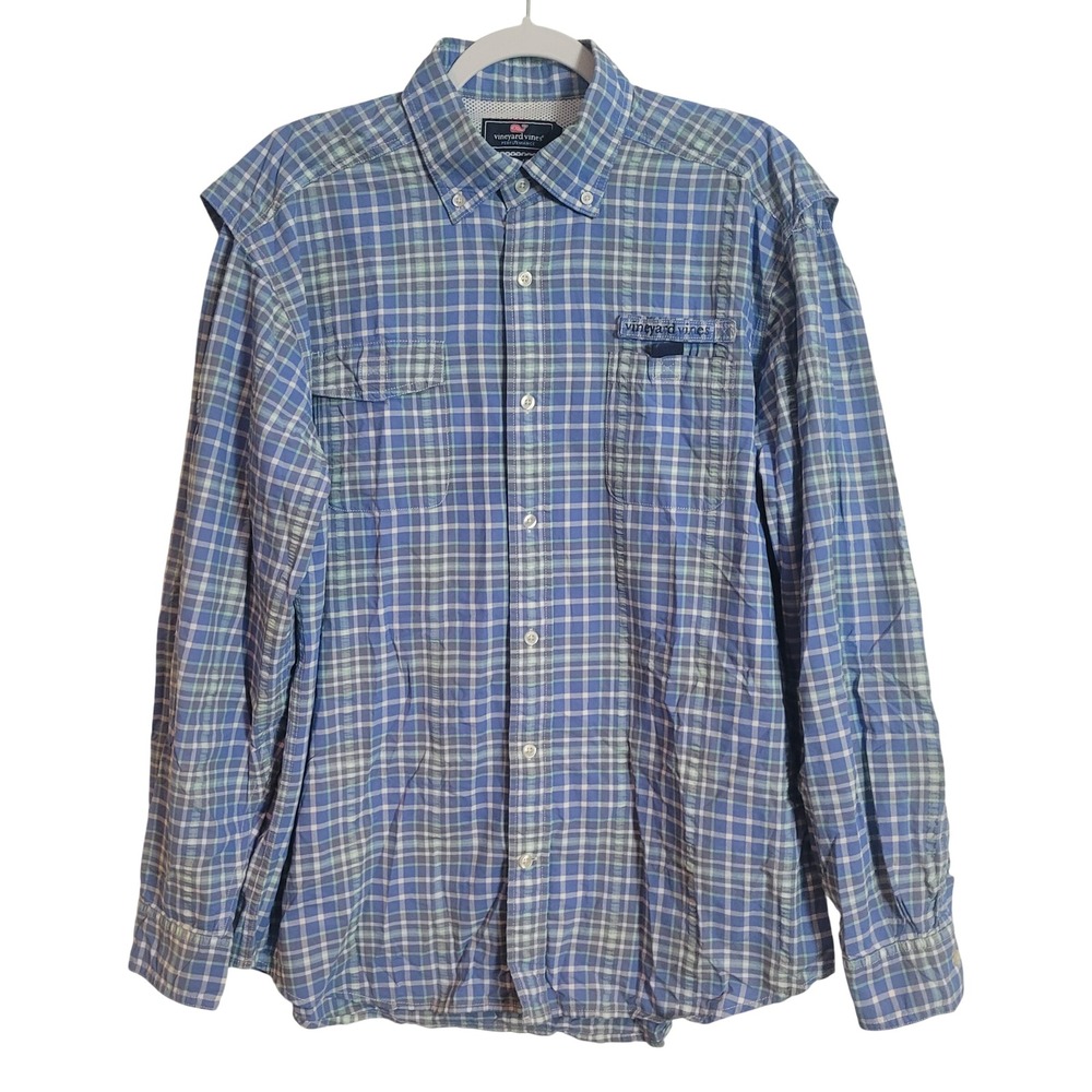 Vineyard Vines Performance Harbor Shirt Blue Green Plaid Vented Fishing‎ Mens L